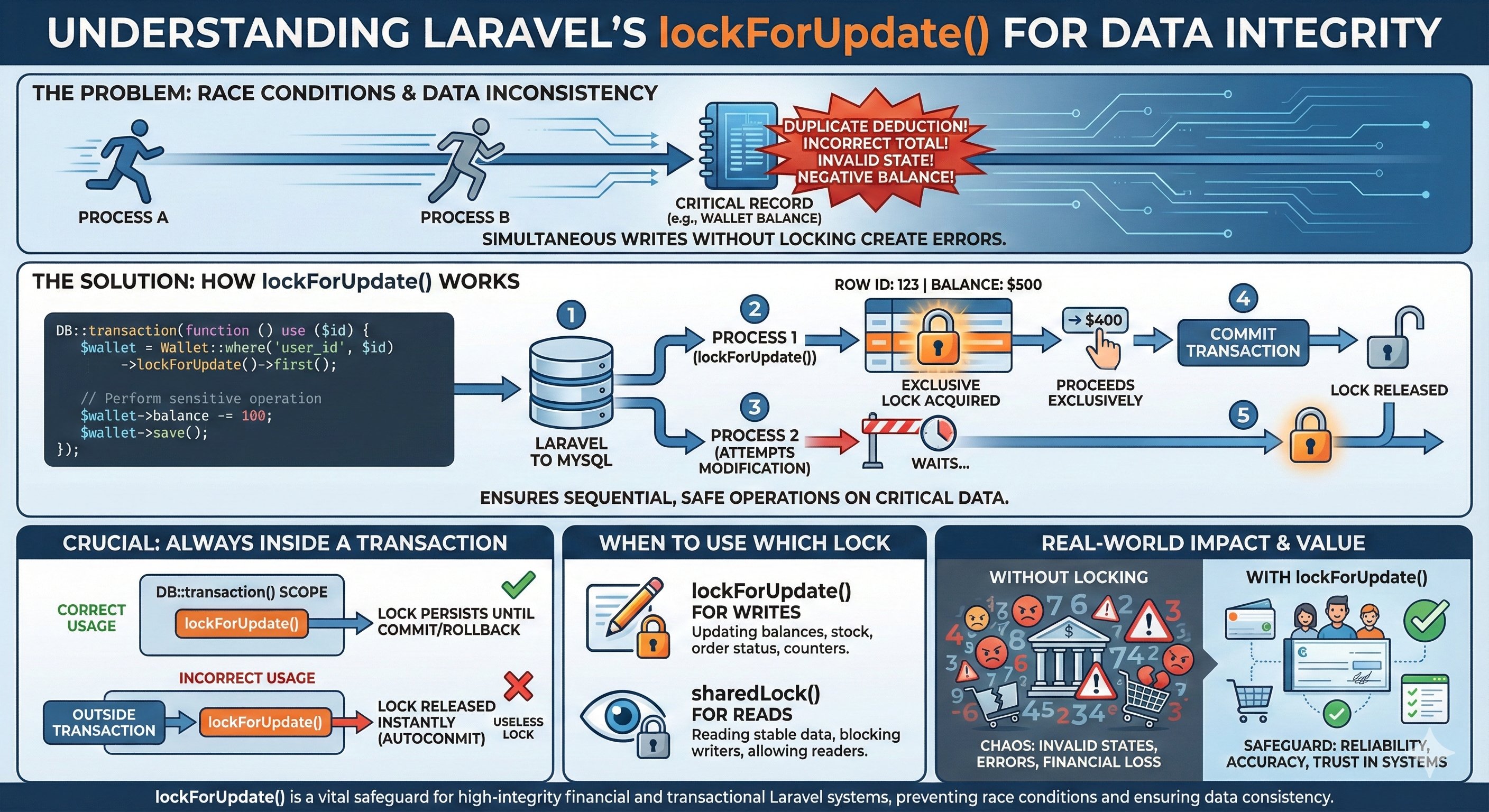 لماذا تعتبر ()lockForUpdate مهمة في أنظمة Laravel المالية والحرجة؟